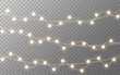 © Vegorus - Christmas lights. Gold glowing garland on transparent background. Realistic light bulbs decoration. Bright luminous elements. Festive card template. Shining border. Vector illustration