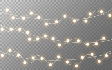 Wall Mural - christmas lights. gold glowing garland on transparent background. realistic light bulbs decoration. 