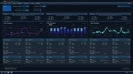 Computer User Interface Showing Various Infographics, Monitoring Data Transfer Speeds, Statistics, Analytics and Stable Functioning of Server Database