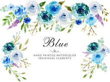 Watercolor  Blue Floral Flower Composition Wedding	
