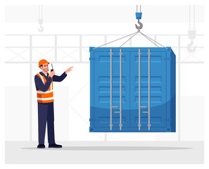 Wall Mural - Dock worker semi flat vector illustration. Loading freight container. Cargo shipping service. Port male worker in hard hat with walkie talkie radio 2D cartoon character for commercial use