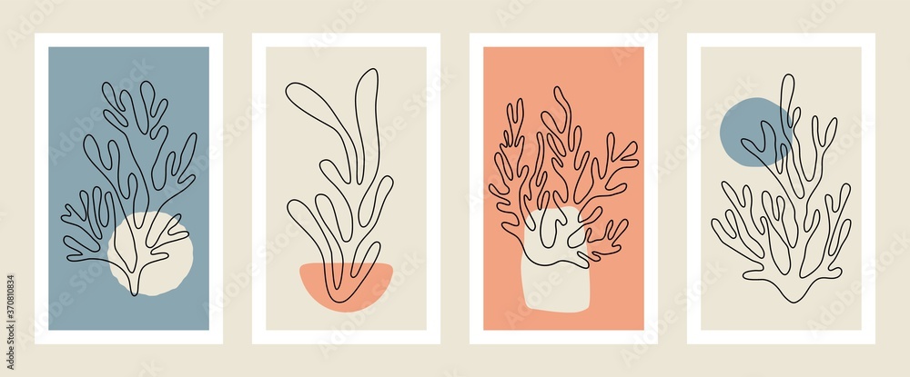 Abstract coral posters. Contemporary organic shapes minimalistic Matisse style, colorful corals, graphic vector illustration - obrazy, fototapety, plakaty 