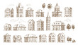 Hand drawn historic buildings set. Vintage sketch of architecture