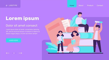 Wall Mural - Focused tiny people reading books. Studying, story, library flat vector illustration. Knowledge and education concept for banner, website design or landing web page
