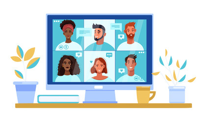 Video call illustration with diverse young people faces on computer screen. Virtual meeting concept in flat style with home workplace, multiracial men and women. Video call corporate vector banner