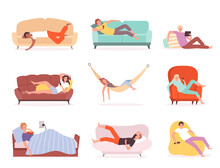 Laying people. Characters relaxing and watching tv on sofa lying lifestyle comfortable sleeping or sitting in armchair vector persons. Couch and sofa, character person lazy lifestyle illustration