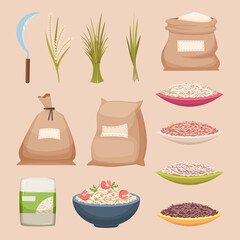 Wall Mural - Rice grained. Storage sacks rice products grained agricultural food vector illustrations in cartoon style. Rice product, food storage grain in bag burlap