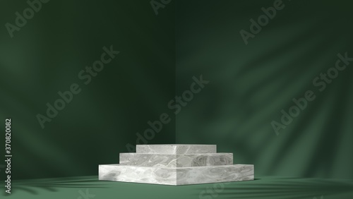 Fotomural white Marble showcase podium for product placement in green natural shadow leave