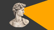 Head of an antique statue on a gray background with an orange triangle in front
