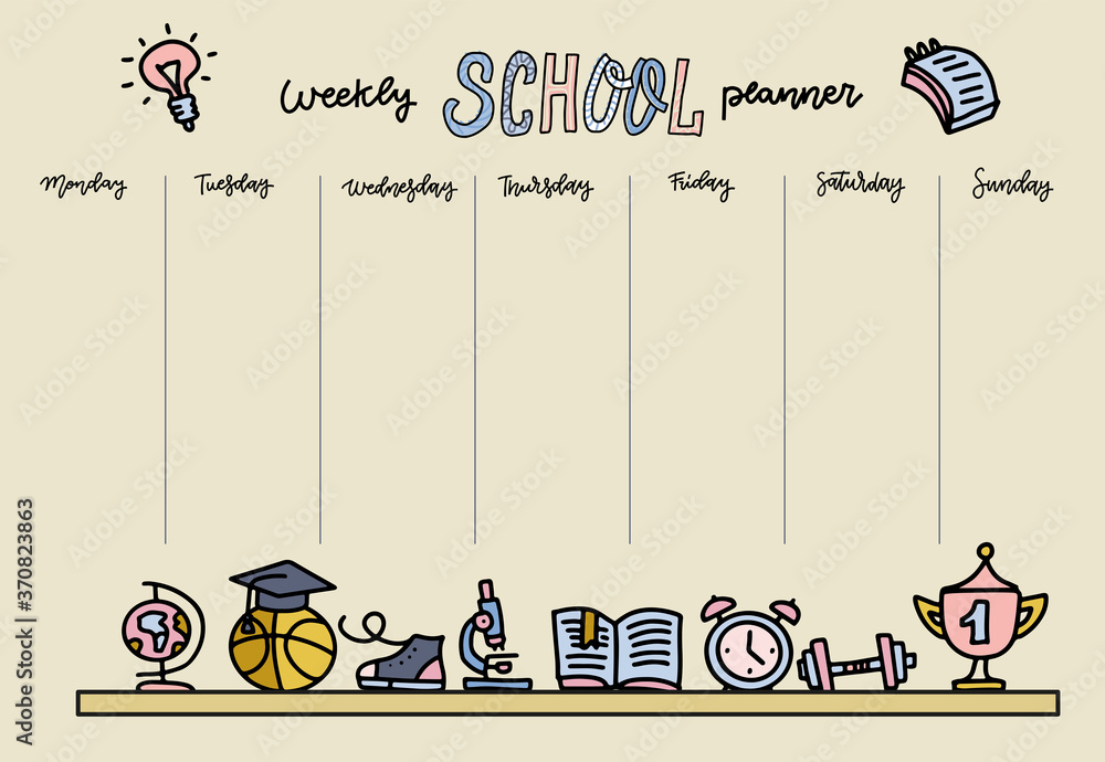 Horizontal Timetable for elementary school. Weekly planner template ...