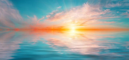 Wall Mural - panorama of morning dramatic sky with bright sun above water surface