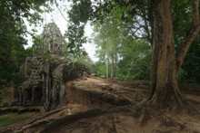 Low Angle Of Wonderful Scenery Of Aged Buddhist Temple Covered With Huge Tree Roots And Located In Jungles In Cambodia