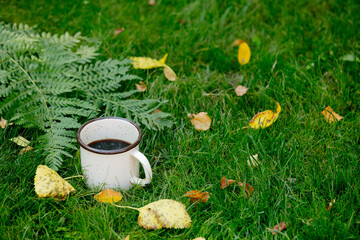 Wall Mural - Cup of coffee on the grass next to a fern leaf