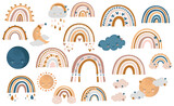 Fototapeta Boho - Seamless pattern of hand drawn autumn rainbow, clouds and raindrops in honey, yellow and brown colors on white background, vector illustration