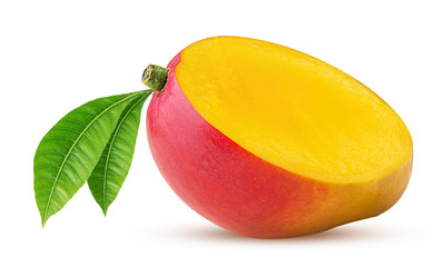 Mango exotic friut cut in half with leaf