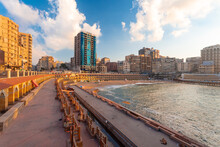 Egypt, Alexandria, Cityscape With Stanley Beach At Sunset