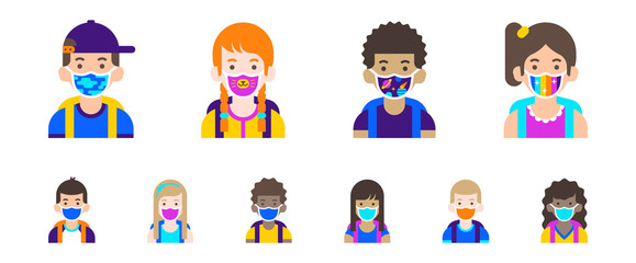 Children avatar collection. Cute boys and girls wearing colorful face masks with pattern. Students user icons. Modern flat cartoon illustration