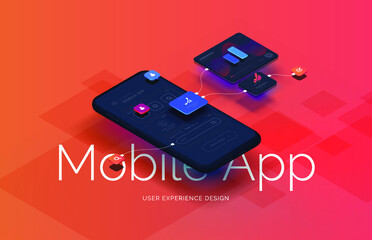 Black smartphone with mobile app interface design. User interface user experience development. Modern vector illustration isometric style