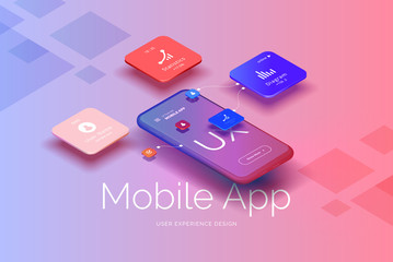 Mobile application design. Smartphone mockup with statistics, charts, user profile, icons. User interface, user experience. Mobile interface technologies. Vector illustration isometric style.