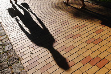 Shadow on the sidewalk from a man carrying bags and a woman walking towards each other.