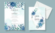 Blue wedding invitation template set with beautiful floral frame and border decoration