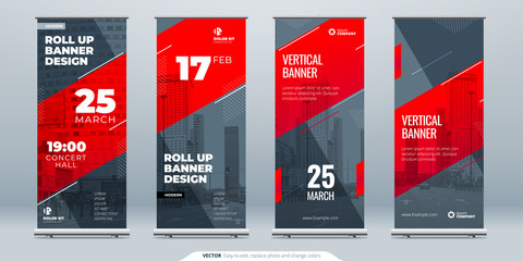 red business roll up banner. abstract roll up background for presentation. vertical roll up, x-stand