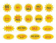 Yellow Sale Starburst Sticker Set - Collcetion Of Stared Labels And Badges With Best Offer And Discount Signs.