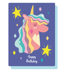 Poster - happy birthday unicorn cartoon invitation card stars rainbow decoration