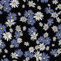 Wall Mural - abstract flowers hand drawn chamomile blossom seamless pattern on black background design