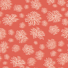 Wall Mural - abstract flowers hand drawn white outline doodle chamomile blossom sketch drawing seamless pattern d