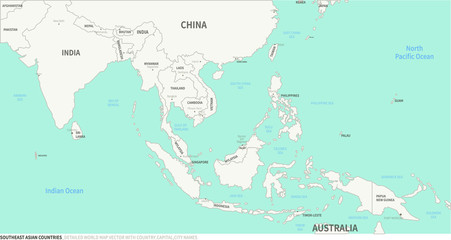 Southeast Asian Countries map. Detailed world Map Vector with Country,Capital,City Names.