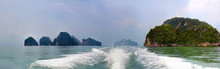 Boat Trip, Uninhabited Island, . Water Excursion. Panoramic Panorama.