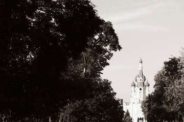 Black and white photo. View of the Orthodox Church