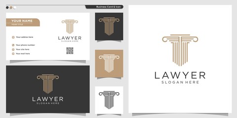 Wall Mural - Lawyer logo with line art style and business card design template. gold, firm, law, icon justice, business card, Premium Vector