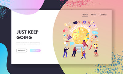 Wall Mural - inspiration, creative idea landing page template. tiny characters around huge light bulb, woman sitt