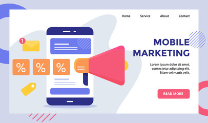 Wall Mural - Mobile marketing smartphone campaign for web website home homepage landing page template banner with modern flat style.