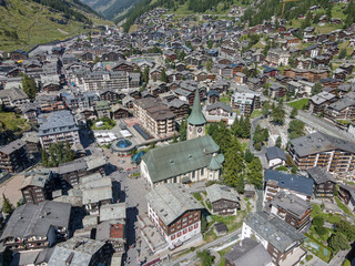 Areal view of the town of Zermatt in the Swiss alps