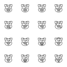 Piggy Face Emoji Line Icons Set, Outline Vector Symbol Collection, Linear Style Pictogram Pack. Signs Logo Illustration. Set Includes Icons As Pig Stuck Out Tongue, Laughing Piggy Emoticon, Kissing