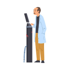 Sticker - Male Scientist, Engineer or Programmer in White Coat Doing Researches with Laboratory Equipment in Science Lab Vector Illustration on White Background