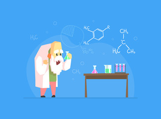 Sticker - Old Scientist Character, Chemist Professor Experimenting or Making Discovery Vector Illustration