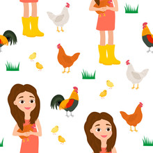 Seamless Pattern Girl And Chicken Chick Nest Eggs Grass Vector Illustration