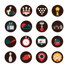 Sticker - bowling game recreational sport shoes trophy ball pin shirt block and flat icons set