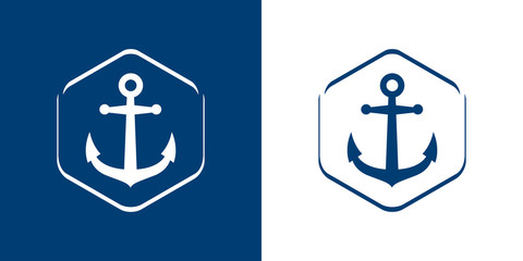 Sticker - Logotipo estilo nautical. Icono plano ancla en hexágono lineal en fondo azul marino y blanco