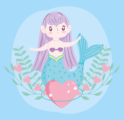 Sticker - cute little mermaid heart seaweed cartoon blue background