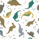 Fototapeta Dziecięca - Cute dinosaurs hand drawn color vector seamless pattern. Creative vector childish background for fabric, textile, nursery wallpaper. Vector Illustration.