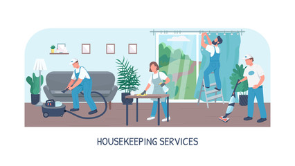 Housekeeping services banner flat vector template. Cleaning business brochure, booklet one page concept design with cartoon characters. Janitorial team service, house maintenance flyer, leaflet