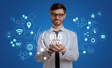 Poster - Big data in business technologies concept with office employee using mobile phone and IT icons