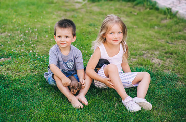 Brother and sister sitting on the grass with two puppies dachshund