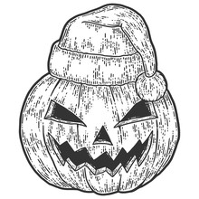Halloween, Pumpkin Face In Santa Claus Hat. Sketch Scratch Board Imitation.