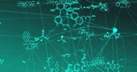 chemical formulas move in space, science and mathematical research and development concepts. video l